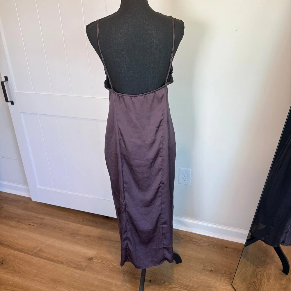 Intimately Free People City Cool Brown Satin Mesh Panel Midi Slip Dress Large